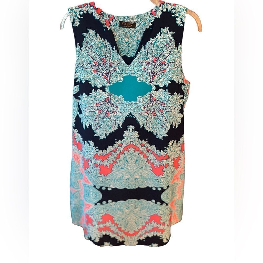 ReneeC. Sz M Coral Blue Paisley Summer Sleeveless Beach Vacation Lined Dress